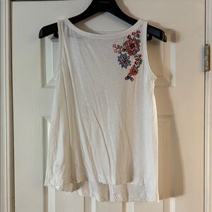 LOFT White Tank Top with Colorful Floral Embroidery